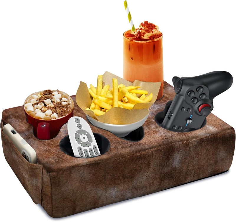 NISDOING Couch Cup Holder Pillow, 5 Hole Couch Drink Holder! Keep Drinks Hand Side and Keep Temp, Prevent Spills and Use Anywhere. Cup Holder for Couch, Bed, Camping, RV, Car, Beach. Brown - Image 1